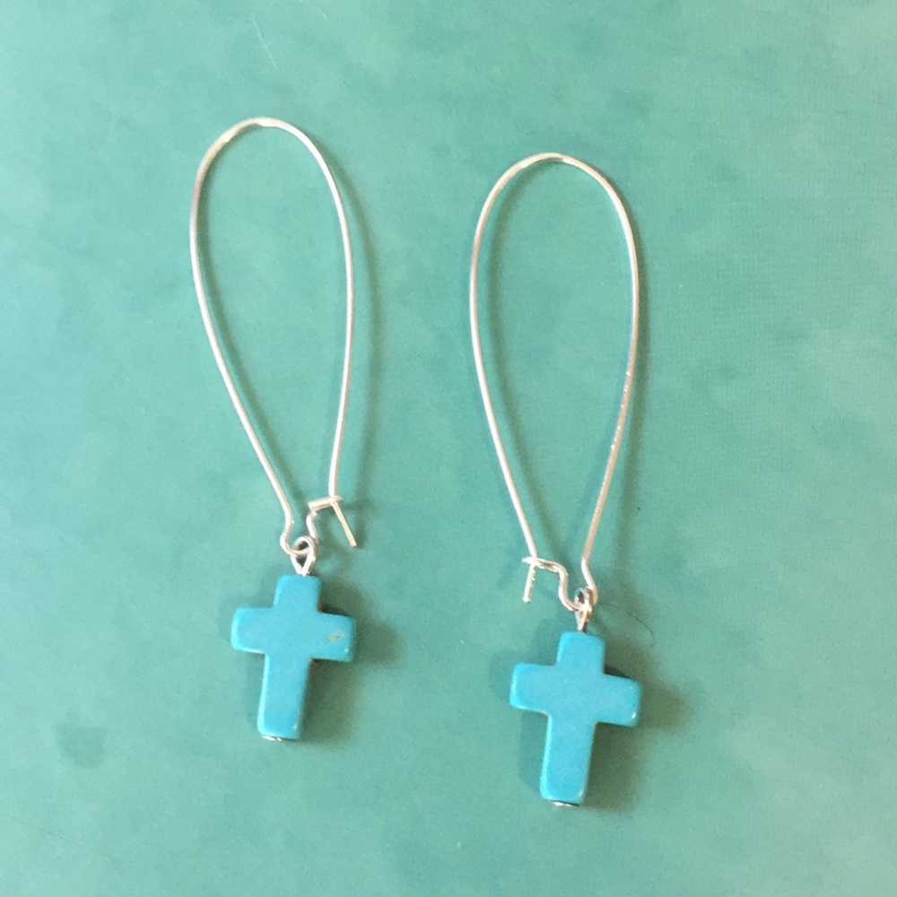 TURQUOISE CROSS EARRINGS ON LONG HIPPIE WIRES